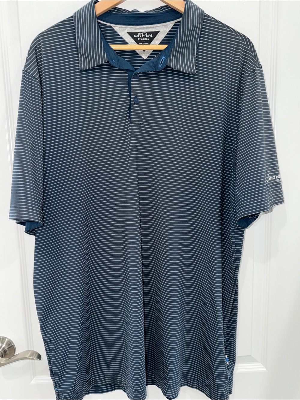 adidas Men's Navy and White Slim-Stripe Polo with country club logo xlarge